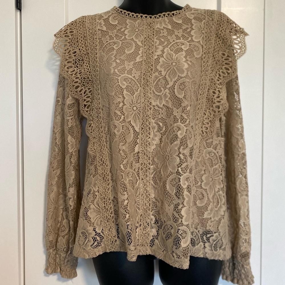 Cable & Gauge Lace Tan Long Sleeve Lined Topβ Shirt Size Medium